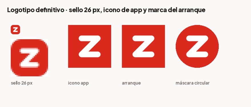 El logotipo en sus tres usos: sello de cabecera, icono de app y marca del arranque